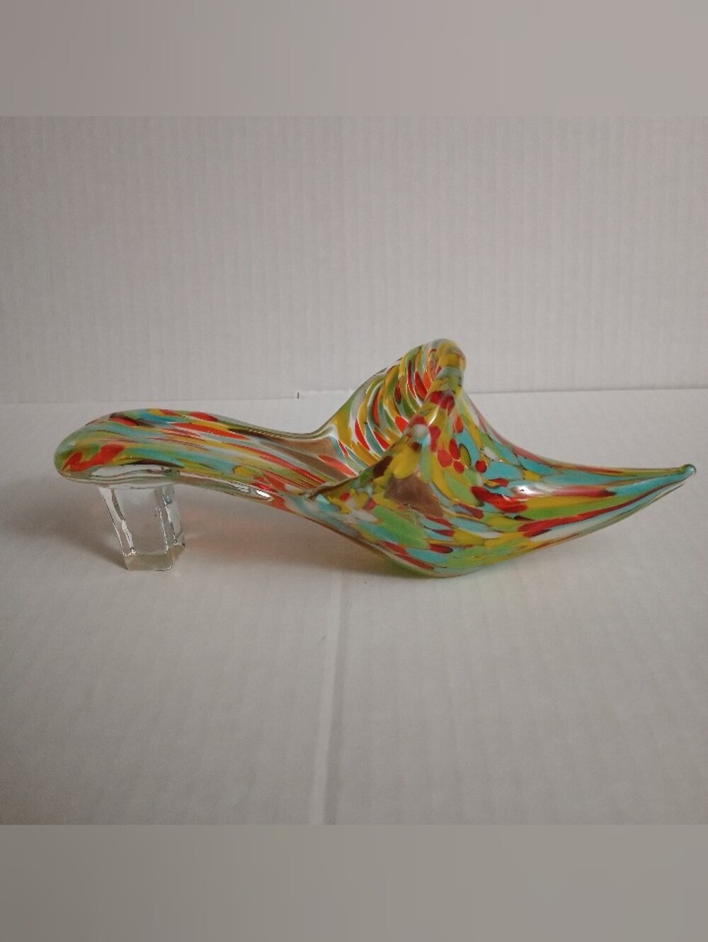 Murano Style Art Glass Shoe Rainbow Confetti Splatter Clear Block Heel Vintage